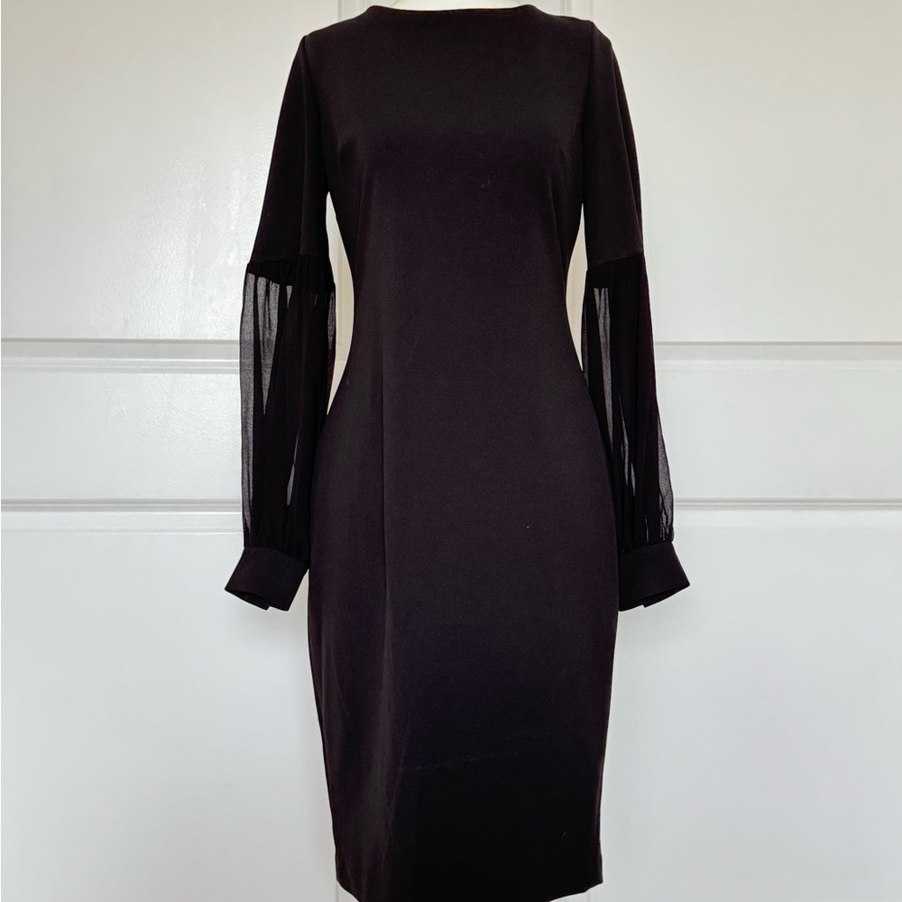 Calvin Klein Black Sheer-Sleeve Midi Dress